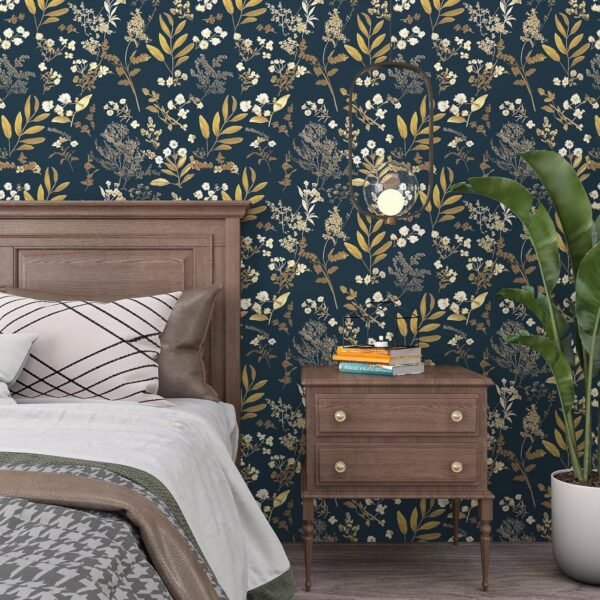 Dark Blue Leaf Peel-and-Stick Wallpaper :&hellip;