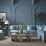 5. Cool and Sophisticated Grey and Chrome Living Room For a sleek and modern luxury aesthetic, a palette of charcoal grey and silver-white creates a calm yet striking environment. A plush curved sectional in deep grey anchors the room, paired with matching ottomans and a round silver-white marble coffee table. Intricate ceiling molding illuminated by cool blue accent lighting enhances the contemporary atmosphere, while a chrome and crystal chandelier adds a glamorous focal point. Silver-white wall paneling with geometric cut-outs and a marble-textured feature wall behind the TV adds depth and texture without overwhelming the design. Sheer curtains filter natural light beautifully, keeping the space bright and airy. Chrome planters introduce subtle shine, and light grey marble flooring with a soft patterned rug completes the polished, sophisticated look.