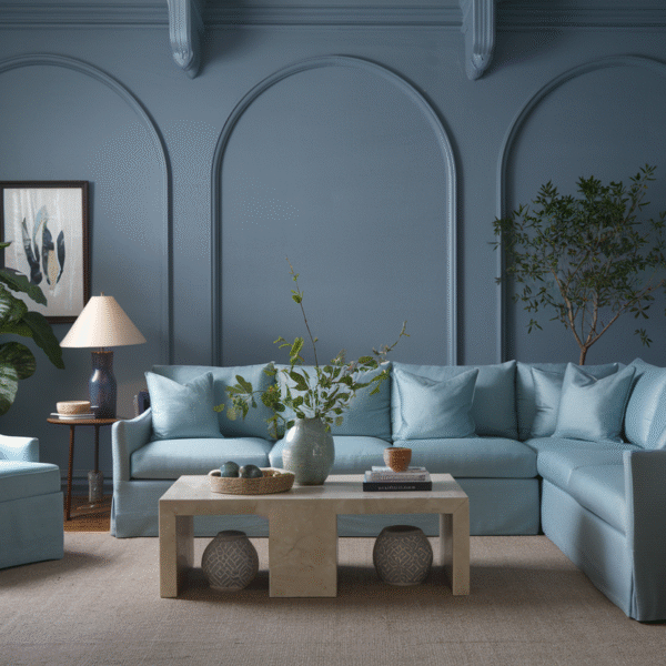 5. Cool and Sophisticated Grey and Chrome Living Room For a sleek and modern luxury aesthetic, a palette of charcoal grey and silver-white creates a calm yet striking environment. A plush curved sectional in deep grey anchors the room, paired with matching ottomans and a round silver-white marble coffee table. Intricate ceiling molding illuminated by cool blue accent lighting enhances the contemporary atmosphere, while a chrome and crystal chandelier adds a glamorous focal point. Silver-white wall paneling with geometric cut-outs and a marble-textured feature wall behind the TV adds depth and texture without overwhelming the design. Sheer curtains filter natural light beautifully, keeping the space bright and airy. Chrome planters introduce subtle shine, and light grey marble flooring with a soft patterned rug completes the polished, sophisticated look.