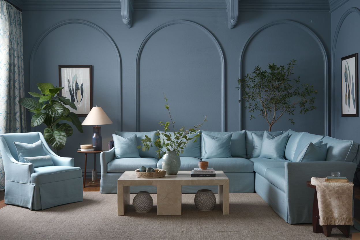 5. Cool and Sophisticated Grey and Chrome Living Room For a sleek and modern luxury aesthetic, a palette of charcoal grey and silver-white creates a calm yet striking environment. A plush curved sectional in deep grey anchors the room, paired with matching ottomans and a round silver-white marble coffee table. Intricate ceiling molding illuminated by cool blue accent lighting enhances the contemporary atmosphere, while a chrome and crystal chandelier adds a glamorous focal point. Silver-white wall paneling with geometric cut-outs and a marble-textured feature wall behind the TV adds depth and texture without overwhelming the design. Sheer curtains filter natural light beautifully, keeping the space bright and airy. Chrome planters introduce subtle shine, and light grey marble flooring with a soft patterned rug completes the polished, sophisticated look.